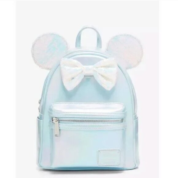 LOUNGEFLY light blue Disney Minnie Mouse Iridescent Sequin Ears Mini Backpack - Picture 1 of 8
